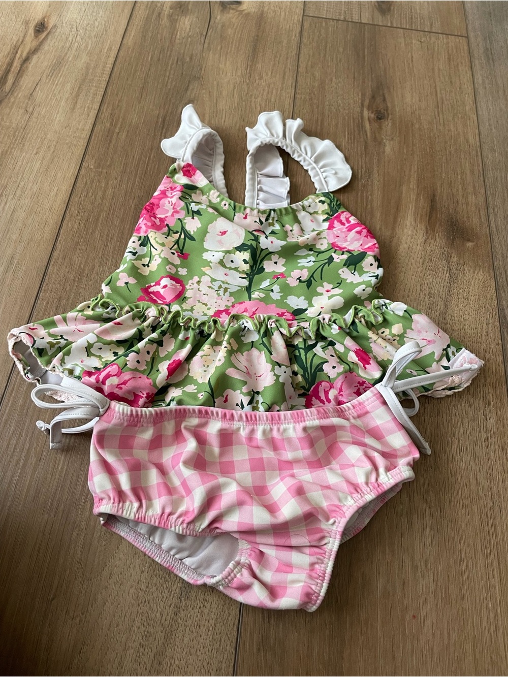 SweetHoney Green Floral Ruffle Kids Swim Set with Pink Gingham Bottoms